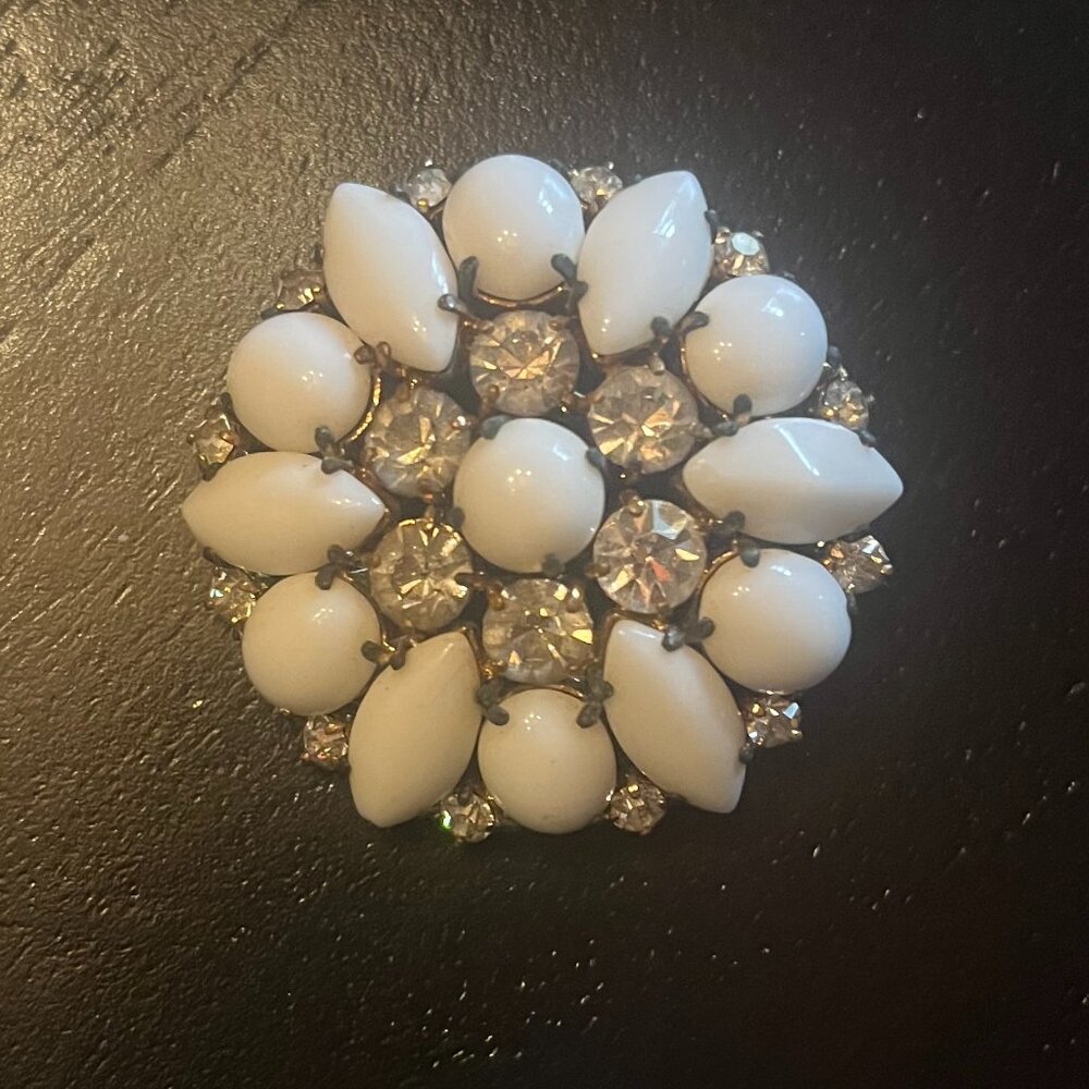 Vintage Milk Glass Starburst Brooch with Rhinestones Made in Germany